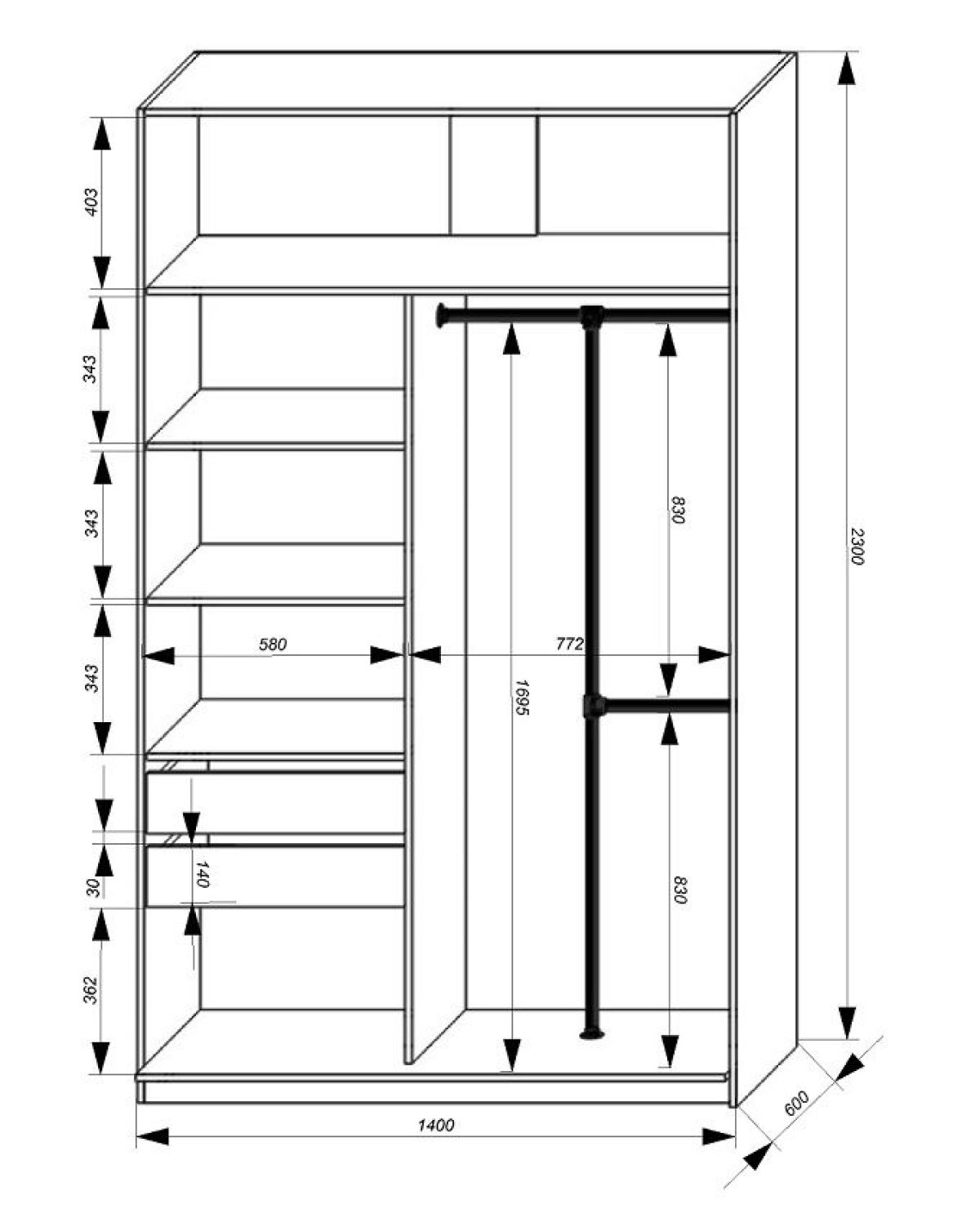 Шкаф-купе 1400 серии SOFT D8+D2+B2+PL4 (2 ящика+F обр.штанга) профиль «Графит» | фото 3