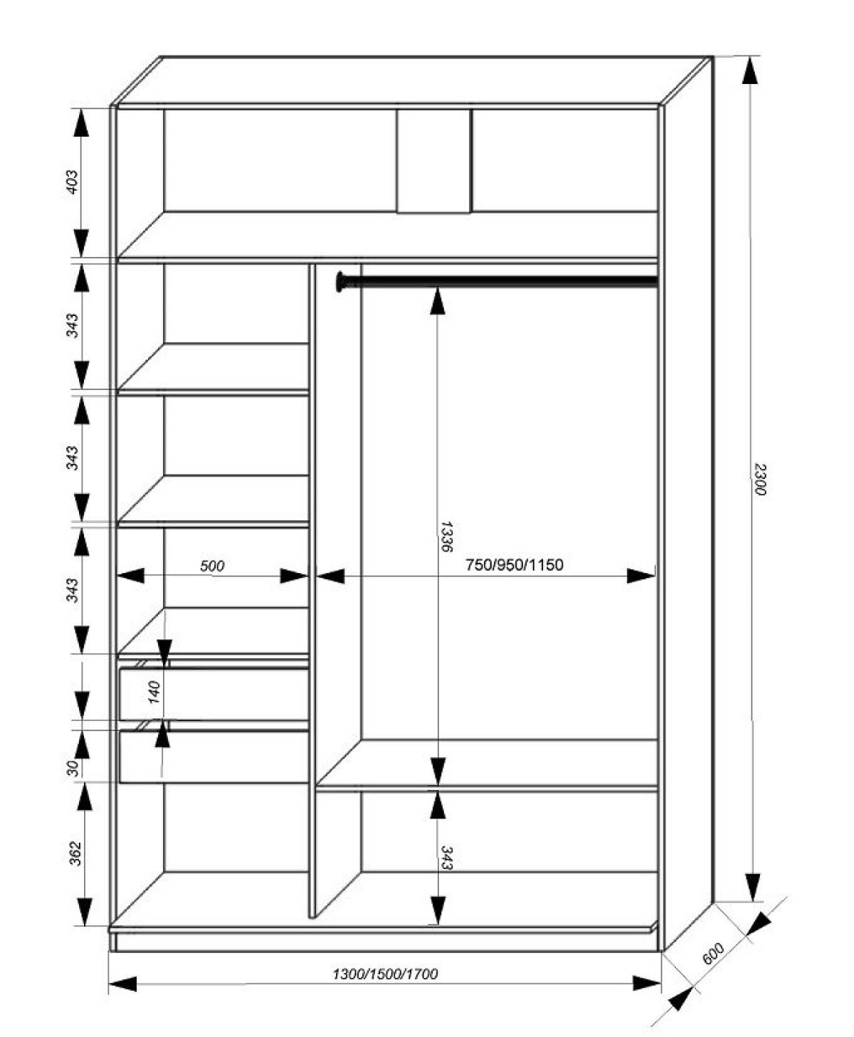 Шкаф-купе 1300 серии SILVER S1+S1+B2+PL2 (2 ящика+1 штанга+1 полка) профиль «Серебро» | фото 3